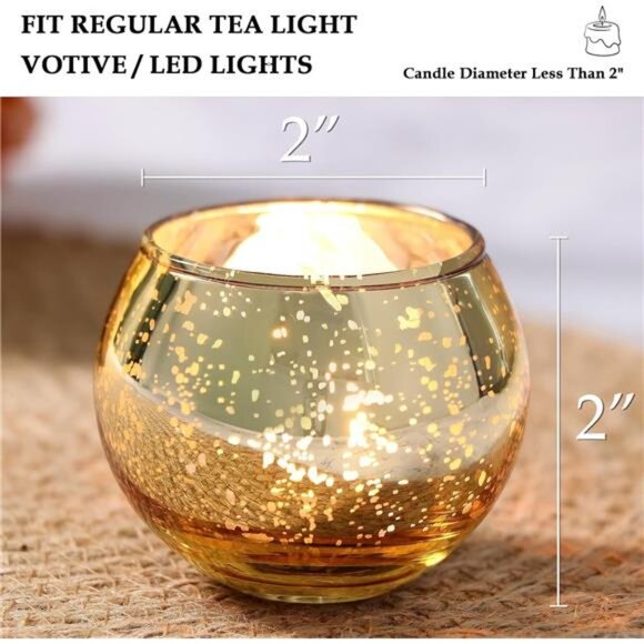 Round Gold Votive Candle Holders, Mercury Glass Candle Holder Set of 12 - Picture 5 of 7